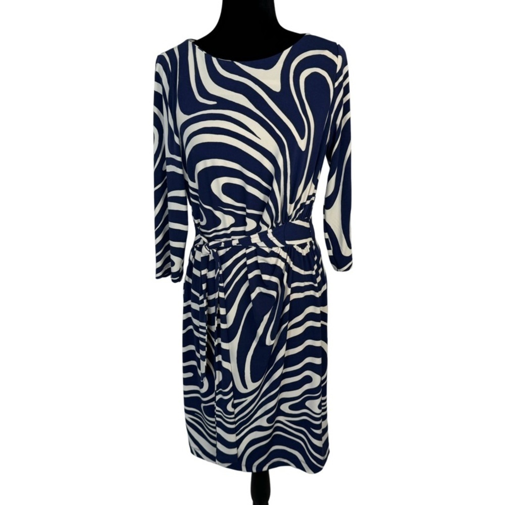 ✅ Chico’s navy blue with beige print side tie midi dress 3/4 sleeve size 1 US8/1